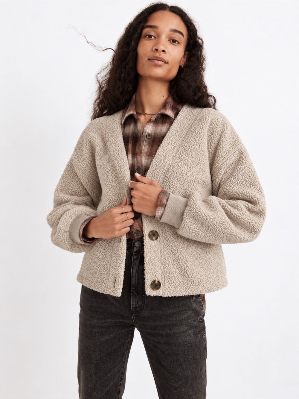 Madewell ReSourced Fleece Crop Cardigan Cream Sherpa M